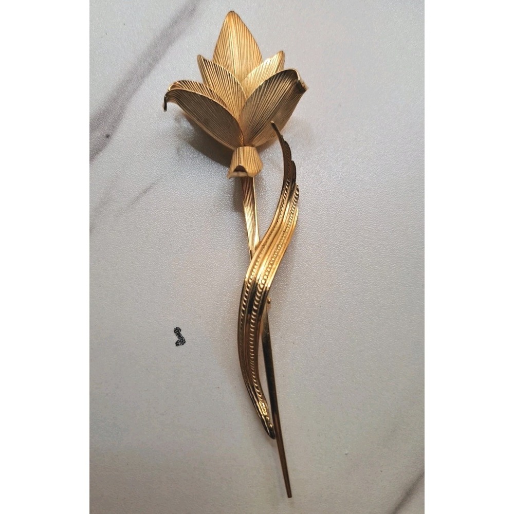 Vintage Gold Tone Metal Long Stem Rose Brooch
